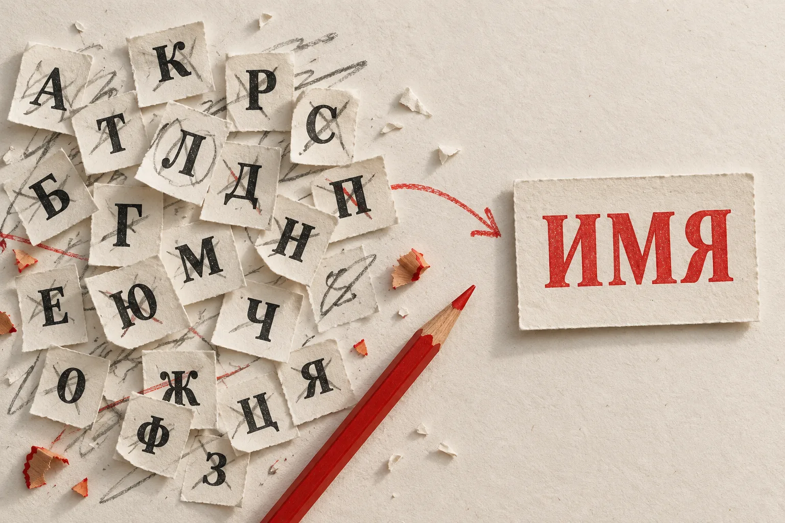 Редакционная иллюстрация: разрозненные буквы и черновые карточки складываются в одно имя