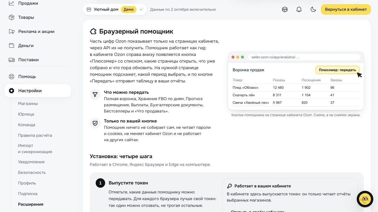 Браузерный помощник Плюсомера: инструкция и&nbsp;схема передачи таблицы из&nbsp;кабинета Ozon