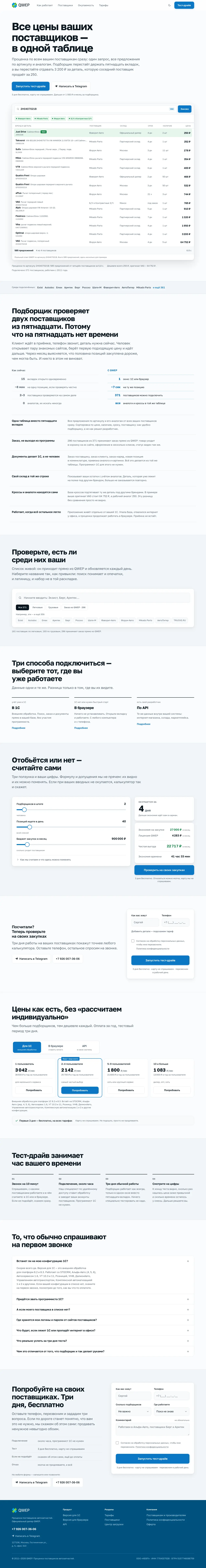 Полная страница сайта сервиса проценки автозапчастей QWEP